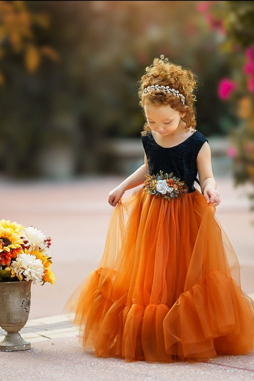 Sleeveless Black and Burnt Orange Flower Girl Dress - The Little Kitten Boutique