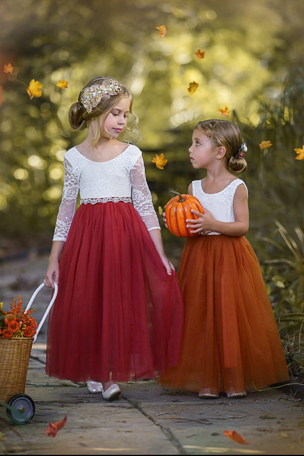 Sleeveless and Long Sleeve, Fall Inspired Burnt Orange and Rust Flower Girl Dresses - The Little Kitten Boutique
