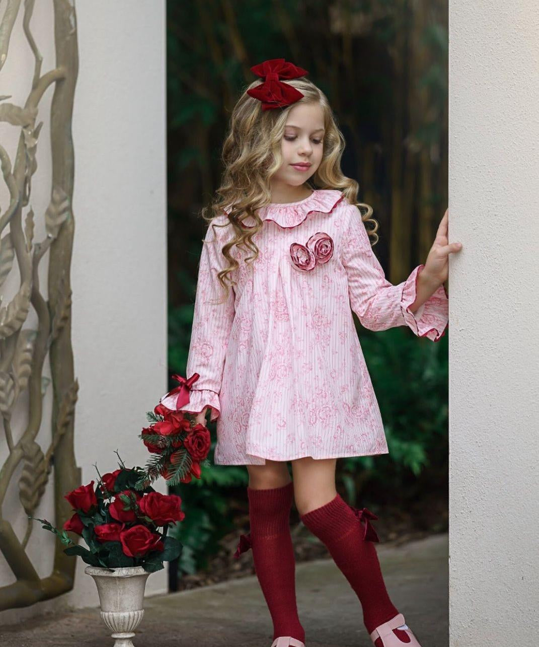 Pink and Red Toile Girls Babydoll Dress-Perfect Holiday Dress - The Little Kitten Boutique