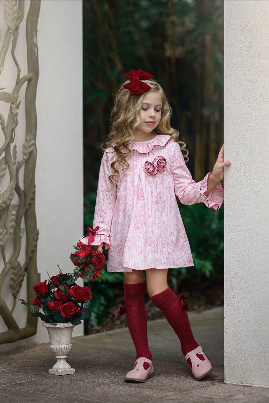 Pink and Red Toile Girls Babydoll Dress-Perfect Holiday Dress - The Little Kitten Boutique
