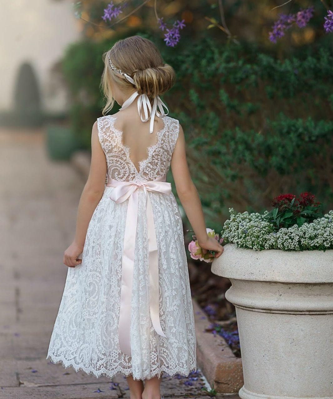 Sleeveless Lace Boho Flower Girl Dress with V-Back and Eyelash Lace - The Little Kitten Boutique