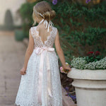 Sleeveless Lace Boho Flower Girl Dress with V-Back and Eyelash Lace - The Little Kitten Boutique