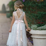 Sleeveless Lace Boho Flower Girl Dress with V-Back and Eyelash Lace - The Little Kitten Boutique