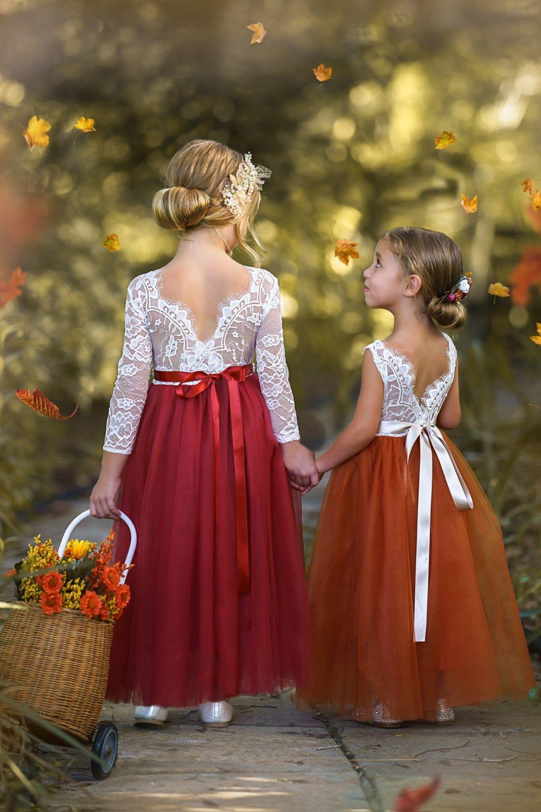 Sleeveless and Long Sleeve, Fall Inspired Burnt Orange and Rust Flower Girl Dresses - The Little Kitten Boutique