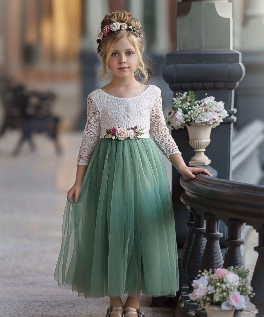 Dusty Blue and Sage Green tulle and lace Flower Girl dress - The Little Kitten Boutique