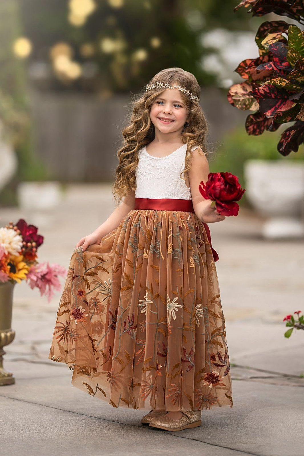 Sleeveless Floral Embroidered Burnt Orange Flower Girl Dress - The Little Kitten Boutique