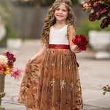 Sleeveless Floral Embroidered Burnt Orange Flower Girl Dress - The Little Kitten Boutique