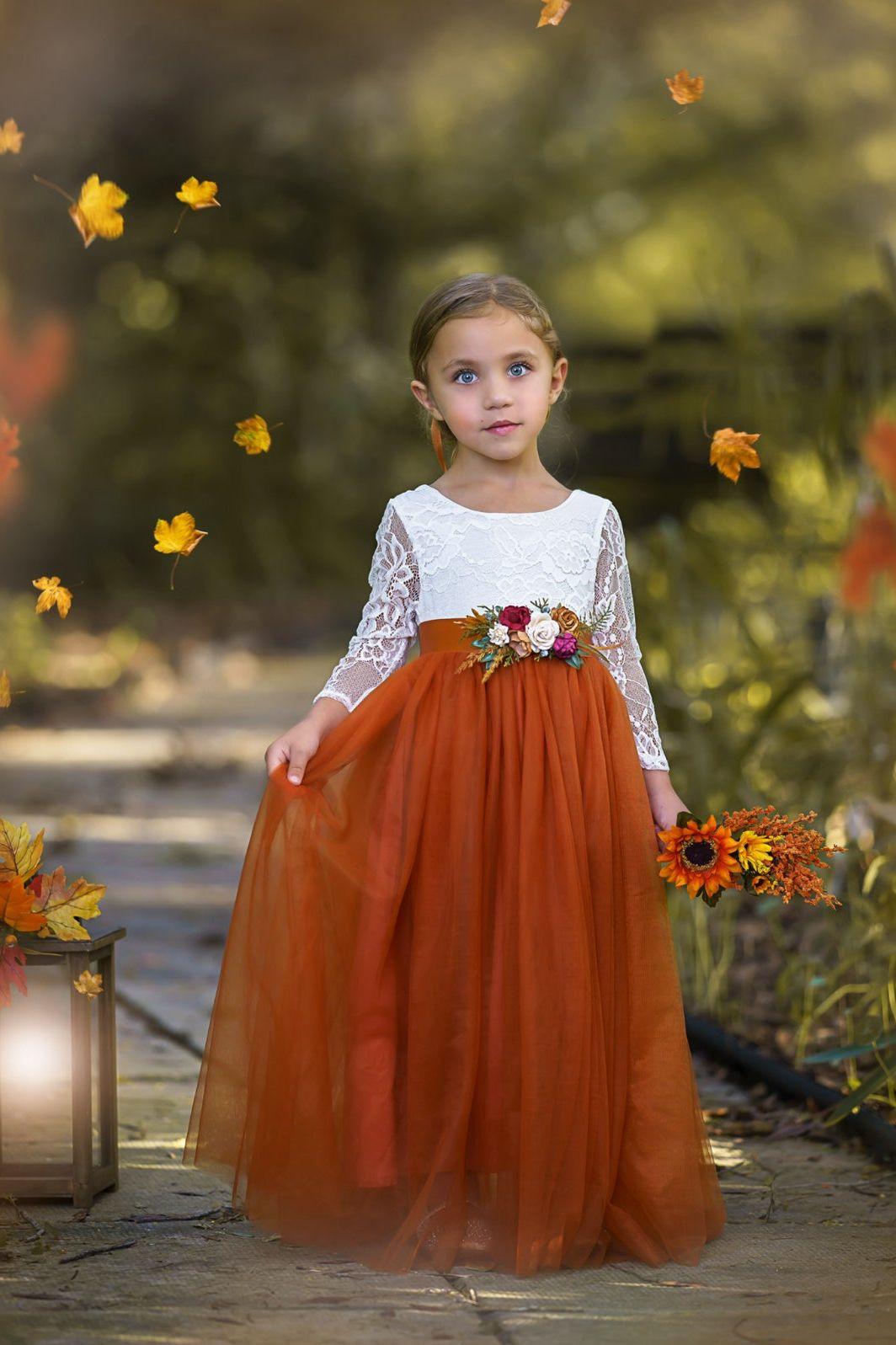 Sleeveless and Long Sleeve, Fall Inspired Burnt Orange and Rust Flower Girl Dresses - The Little Kitten Boutique