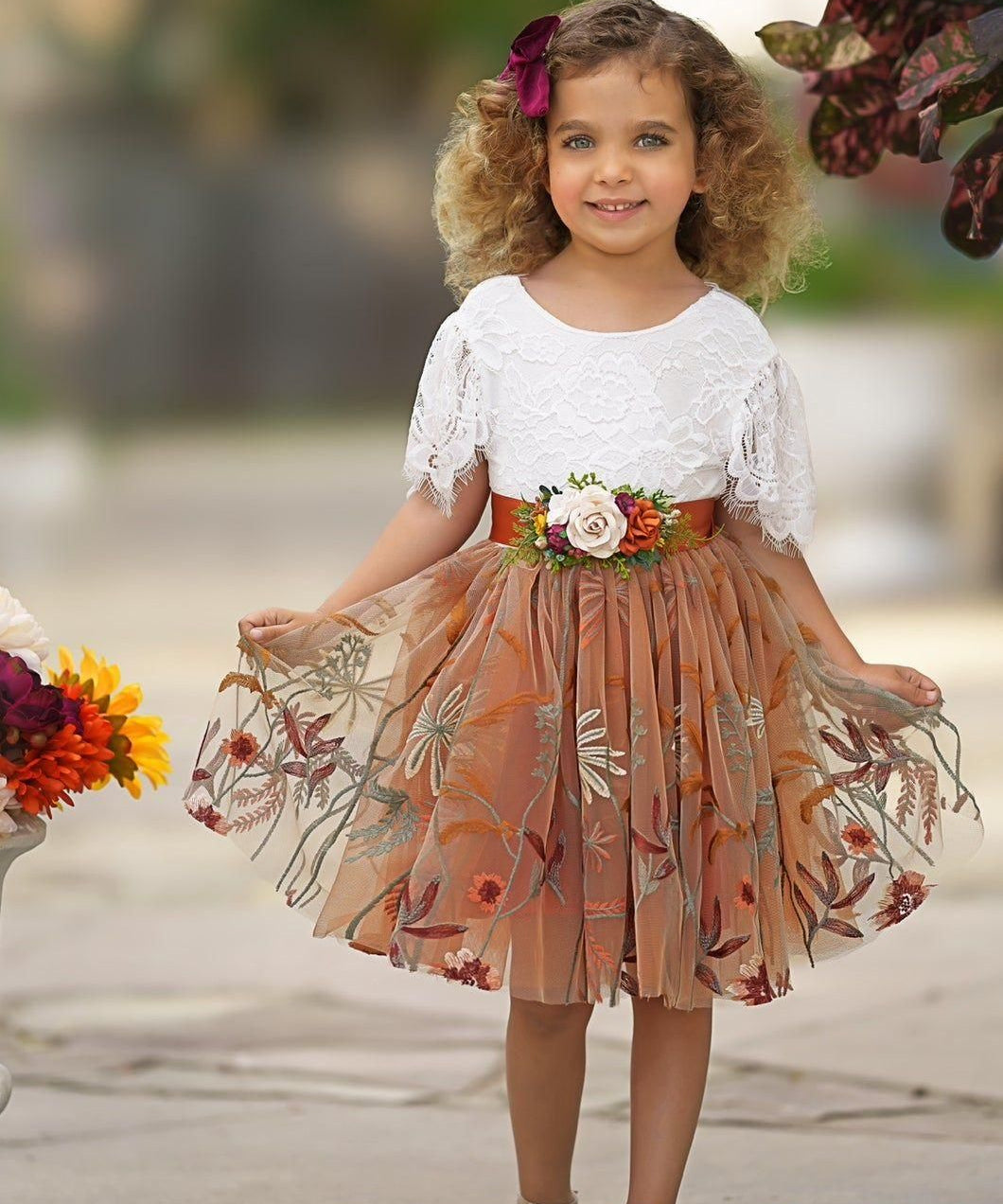 Knee Length Burnt Orange Floral Embroidered Flower Girl Dresses - The Little Kitten Boutique