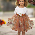 Knee Length Burnt Orange Floral Embroidered Flower Girl Dresses - The Little Kitten Boutique