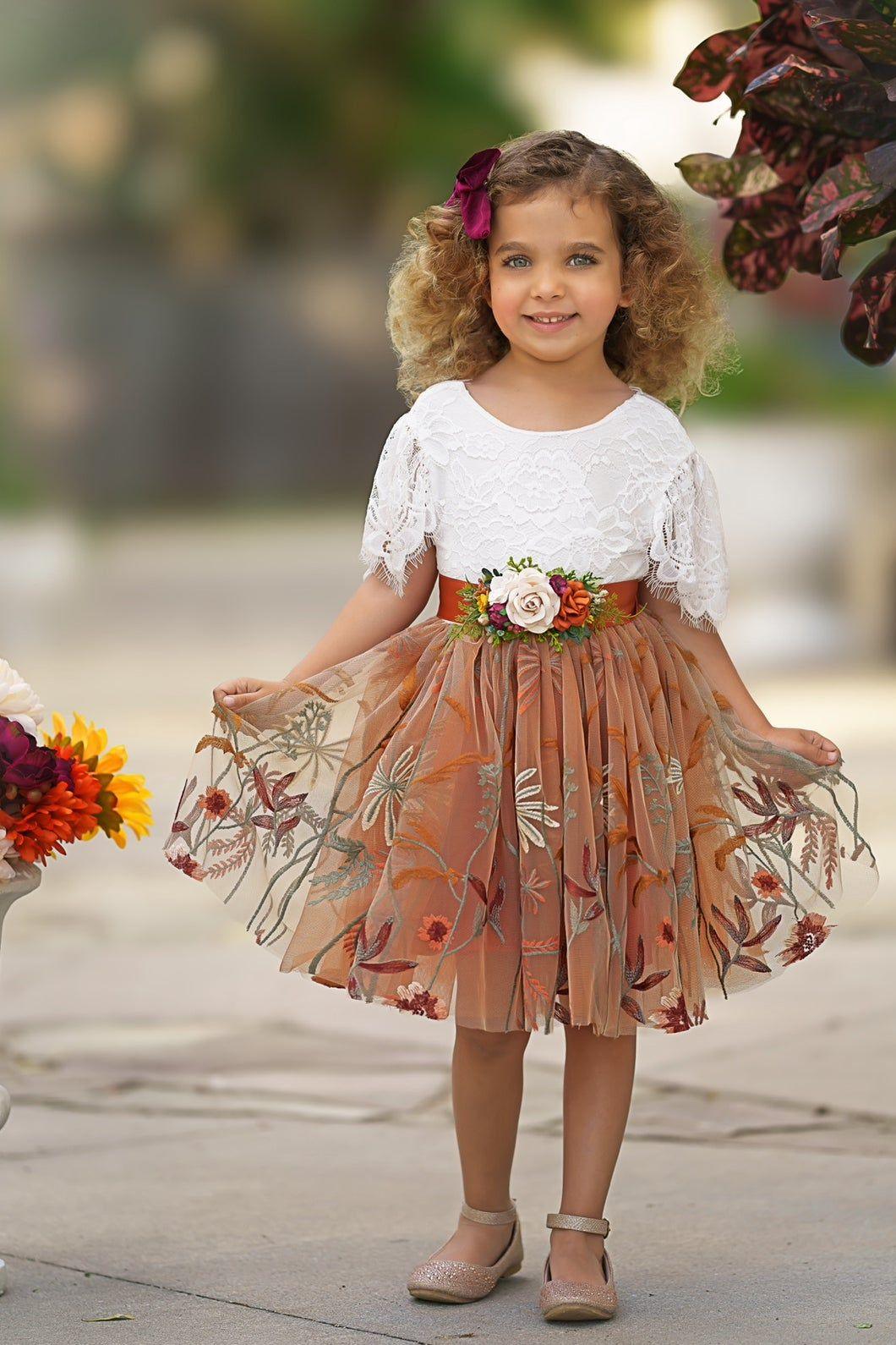 Knee Length Burnt Orange Floral Embroidered Flower Girl Dresses - The Little Kitten Boutique