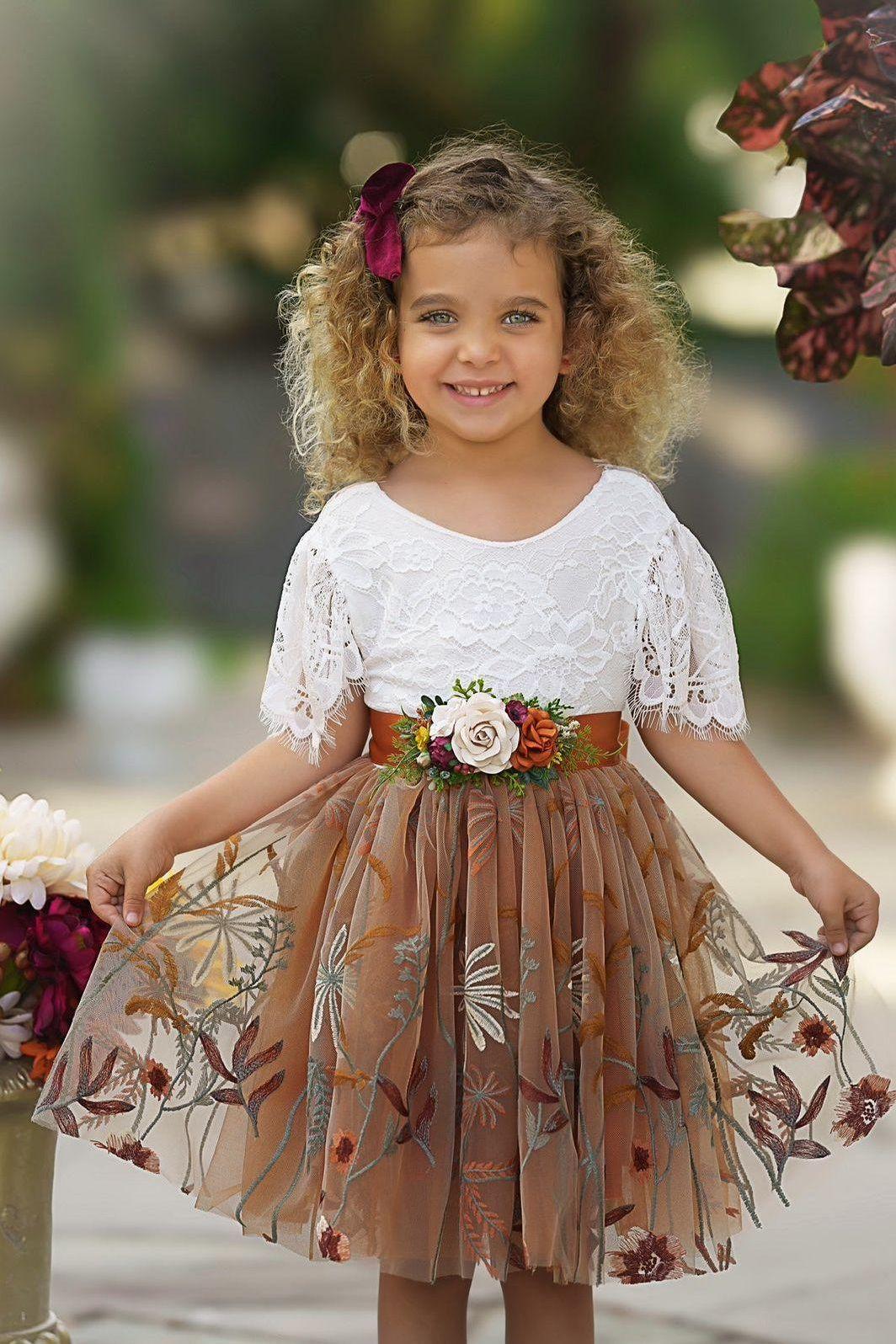 Knee Length Burnt Orange Floral Embroidered Flower Girl Dresses - The Little Kitten Boutique