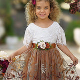 Knee Length Burnt Orange Floral Embroidered Flower Girl Dresses - The Little Kitten Boutique