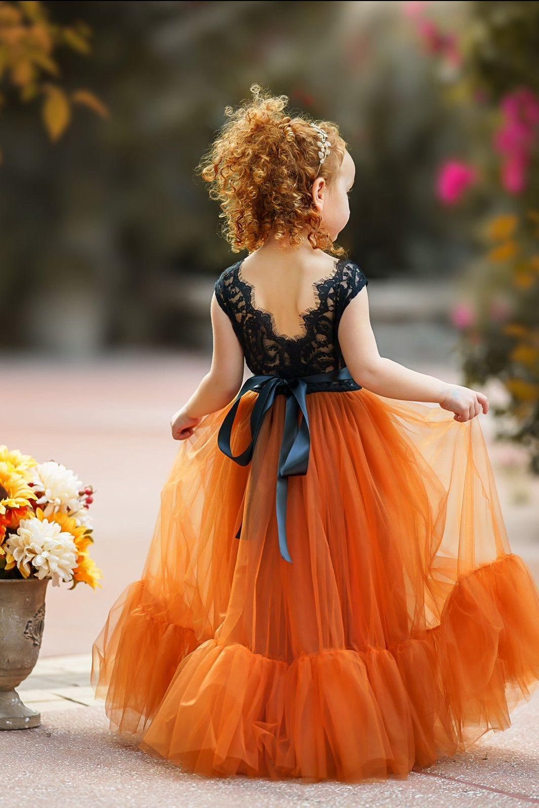 Sleeveless Black and Burnt Orange Flower Girl Dress - The Little Kitten Boutique