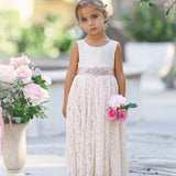 Sleeveless Lace Boho Flower Girl Dress with V-Back and Eyelash Lace - The Little Kitten Boutique