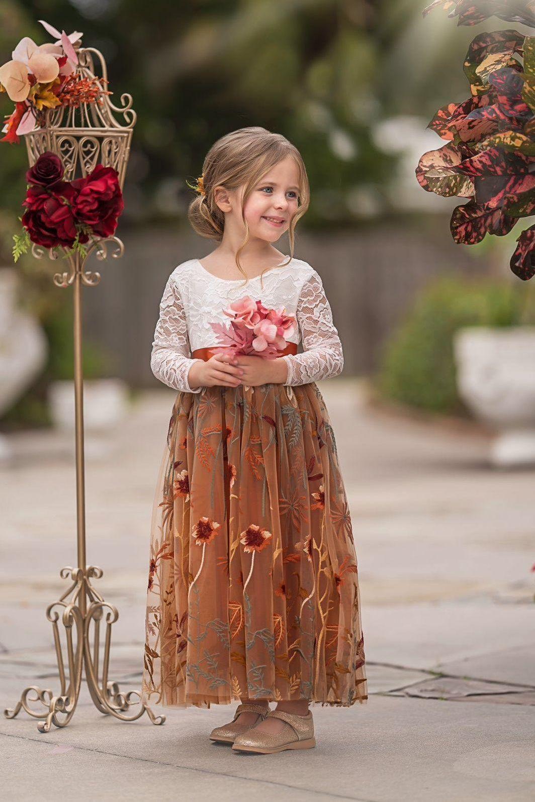 Long Sleeve Lace Tulle Flower Girl Dress for Fall Weddings - Burnt Orange - The Little Kitten Boutique