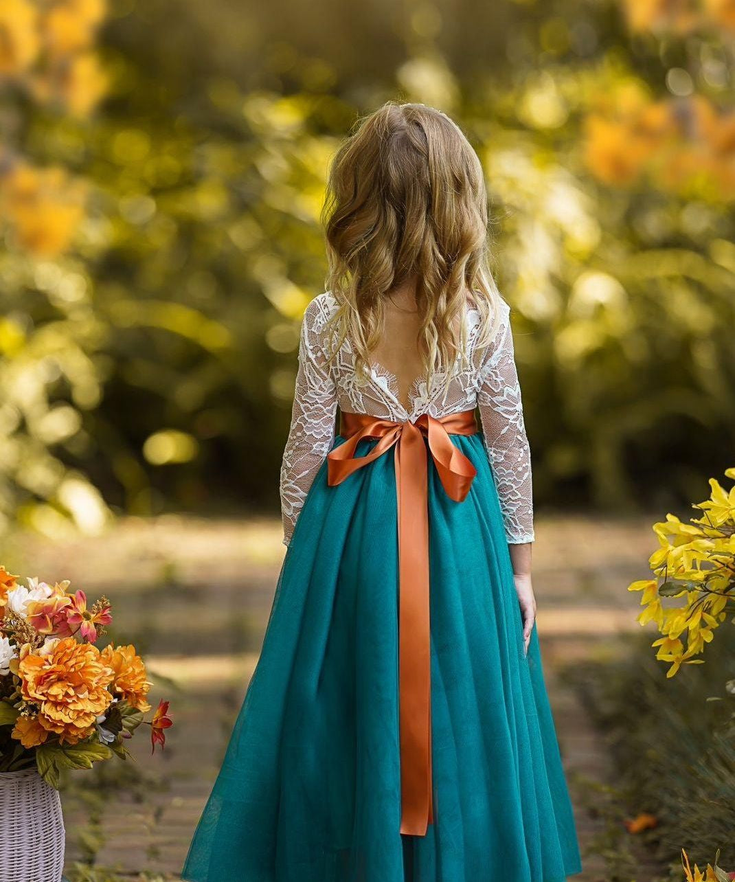 Long Sleeve White Lace and Teal Tulle Flower Girl Dress. - The Little Kitten Boutique