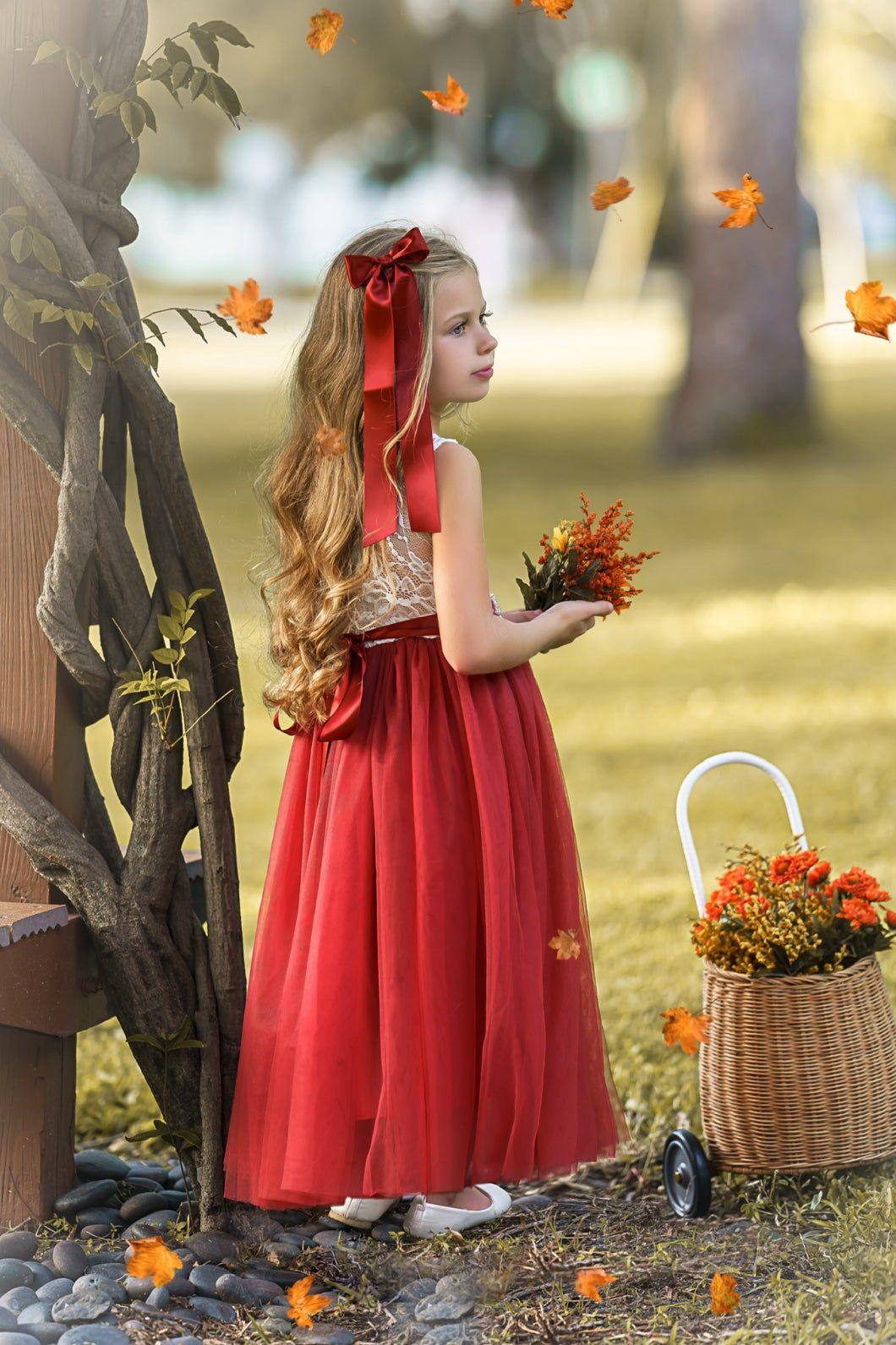 Sleeveless Burnt Orange Tulle and Lace Flower Girl Dress-magical fall dress - The Little Kitten Boutique