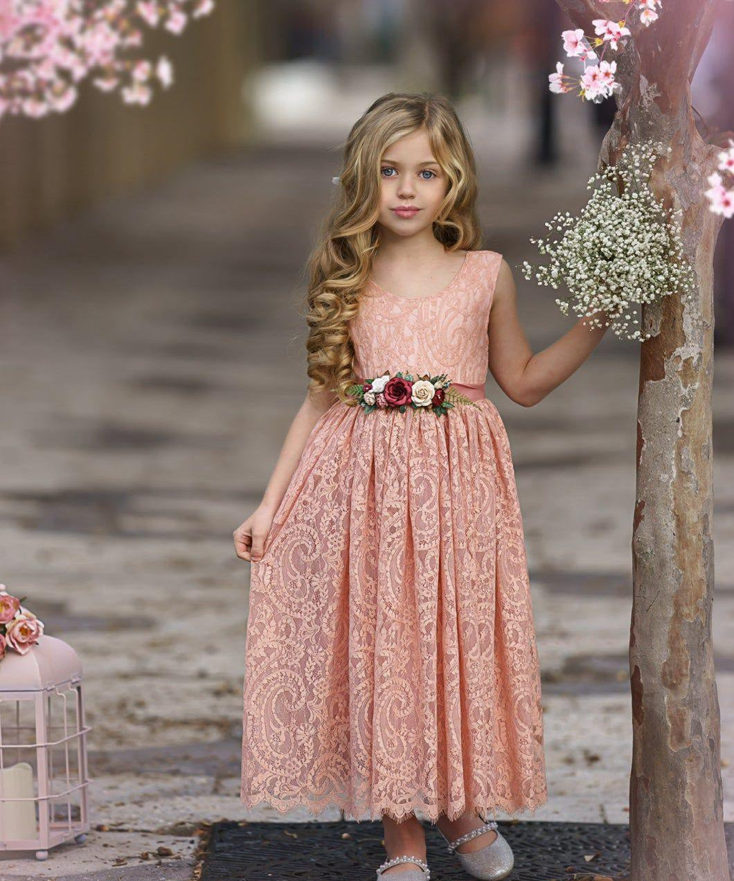 Sleeveless Ankle-Length Lace Flower Girl Dress - Rose, White, Ivory - The Little Kitten Boutique