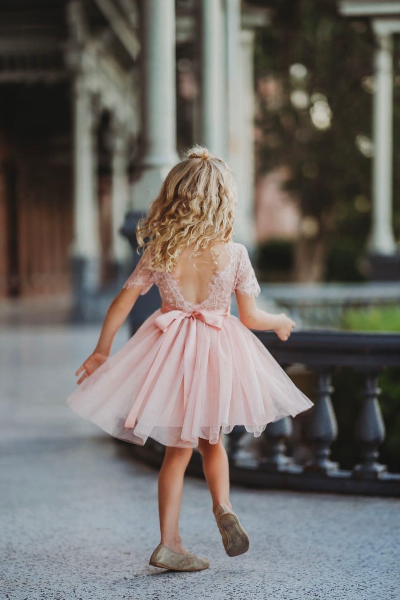 Short Sleeve Lace and Tulle Rose Flower Girl Dress - The Little Kitten Boutique