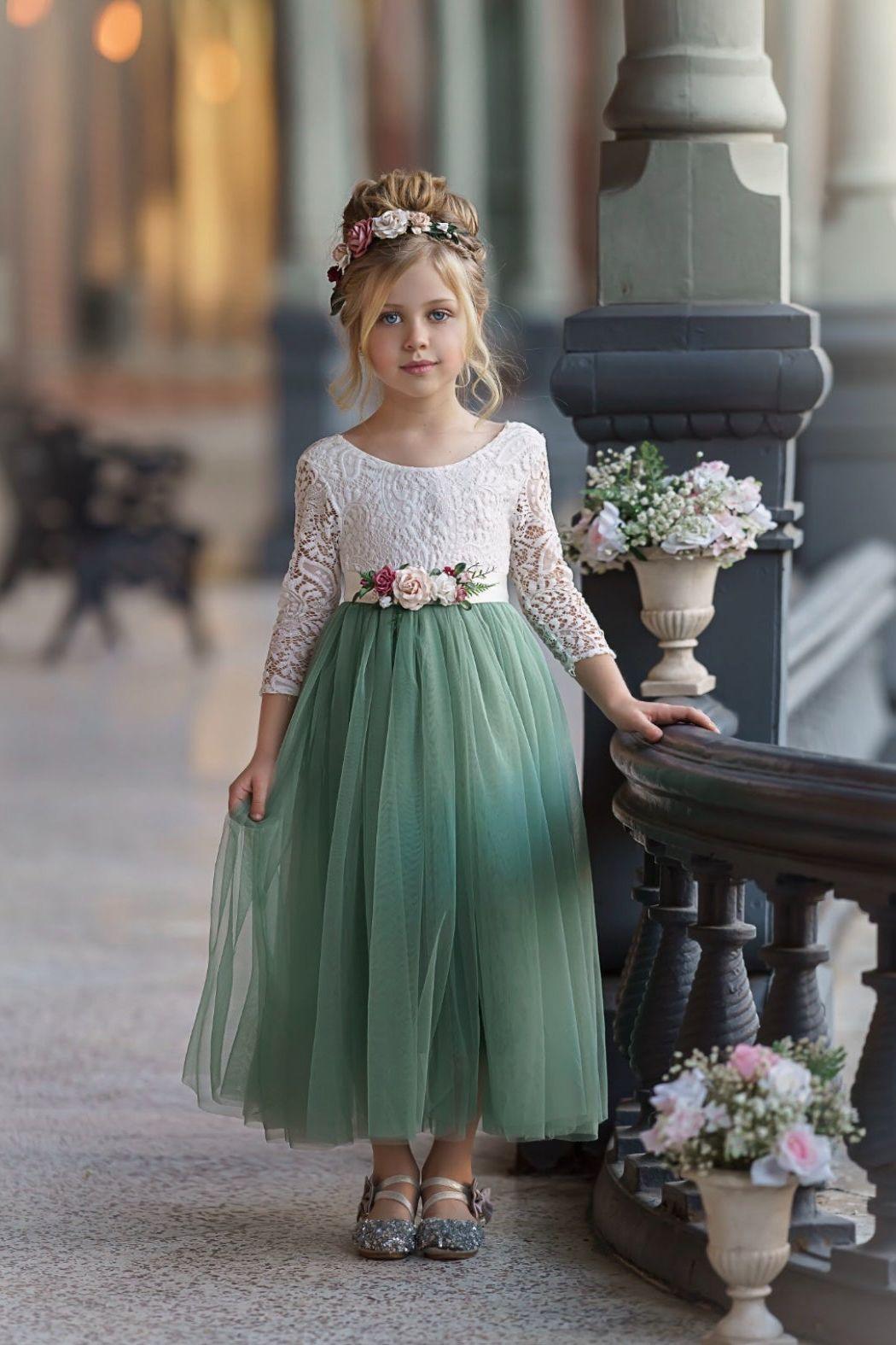 Sage tulle and lace Flower Girl dress - The Little Kitten Boutique