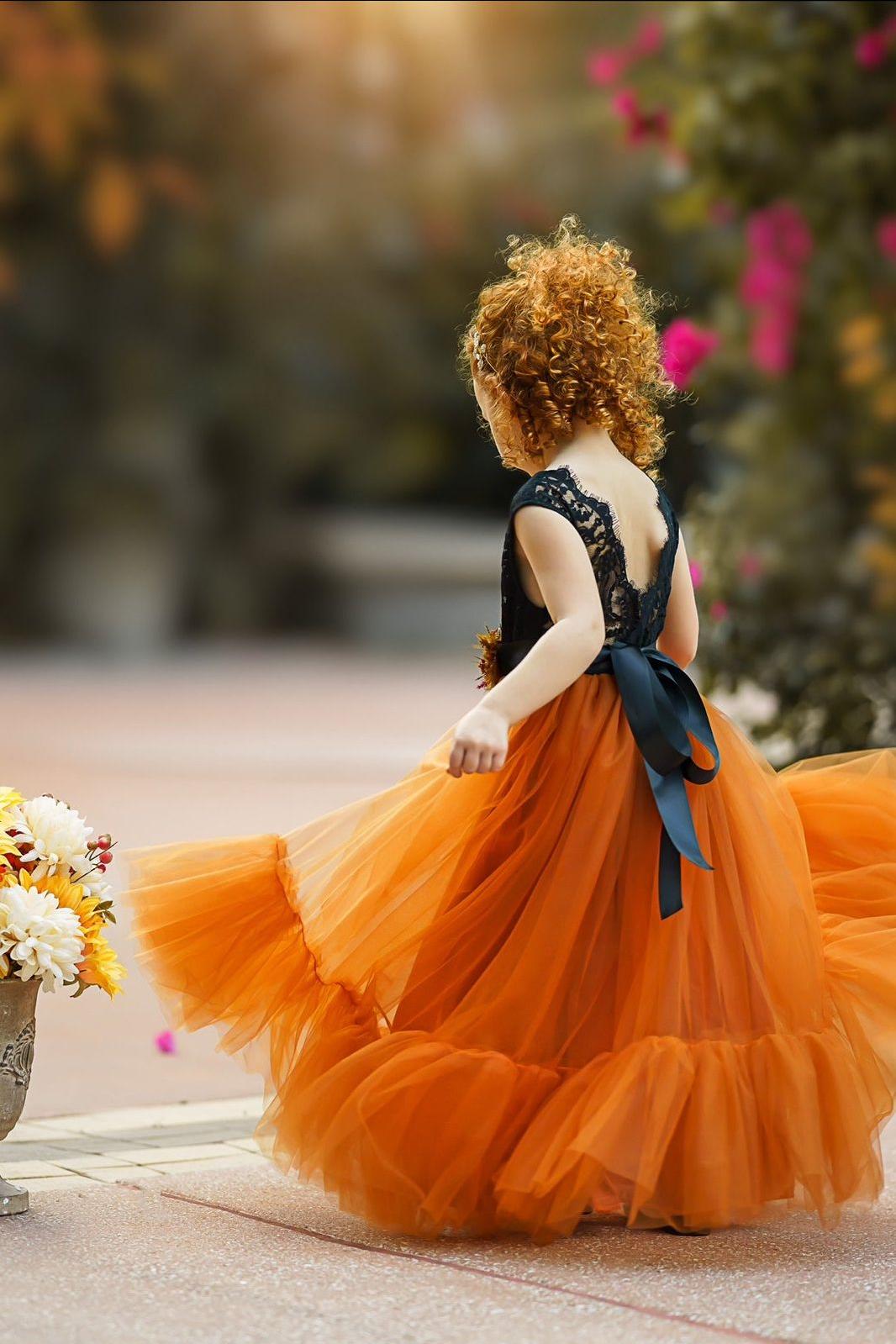 Sleeveless Black and Burnt Orange Flower Girl Dress - The Little Kitten Boutique