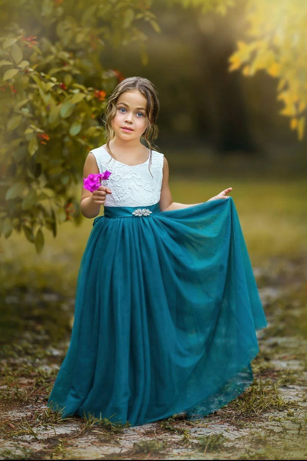 Sleeveless Teal Blue Flower Girl Dress