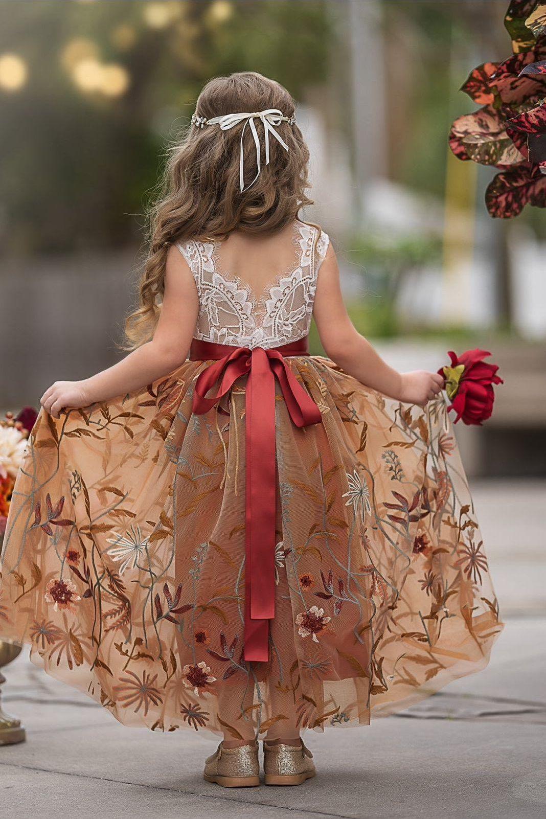 Sleeveless Floral Embroidered Burnt Orange Flower Girl Dress - The Little Kitten Boutique