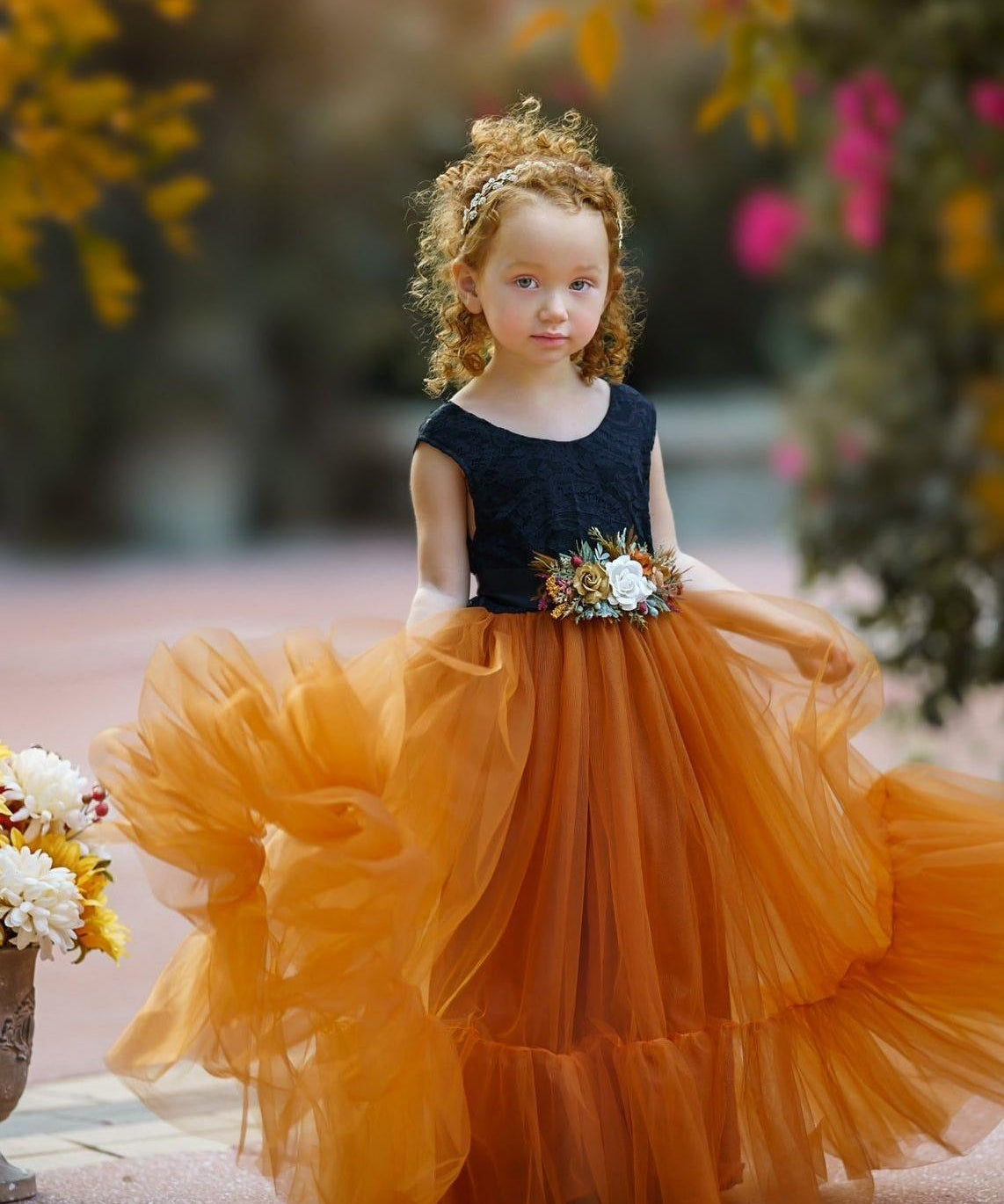 Sleeveless Black and Burnt Orange Flower Girl Dress - The Little Kitten Boutique