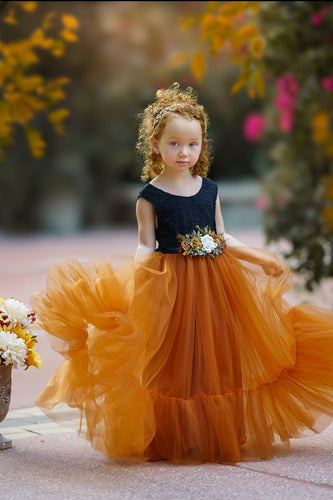 Sleeveless Black and Burnt Orange Flower Girl Dress - The Little Kitten Boutique