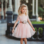 Short Sleeve Lace and Tulle Rose Flower Girl Dress - The Little Kitten Boutique