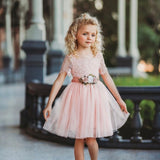 Short Sleeve Lace and Tulle Rose Flower Girl Dress - The Little Kitten Boutique