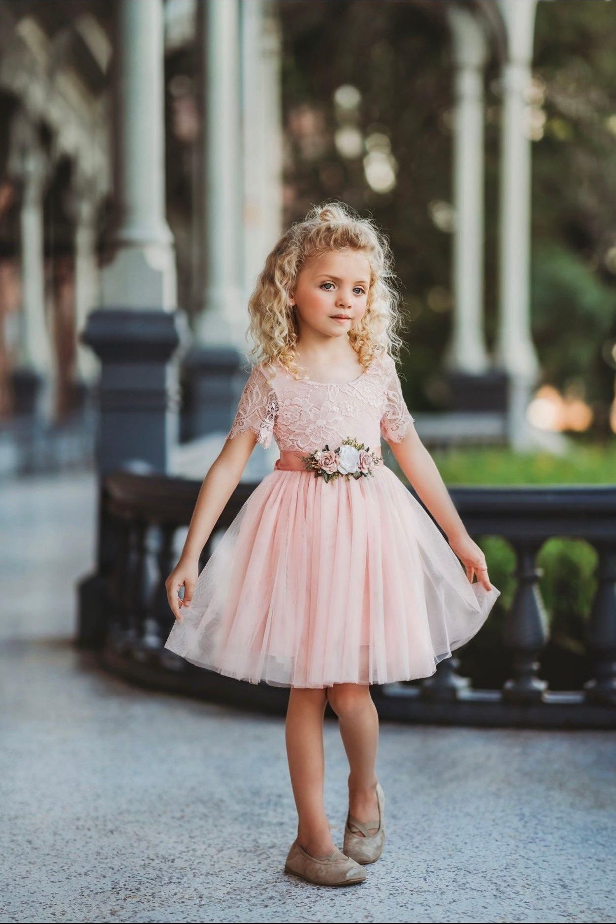 Short Sleeve Lace and Tulle Rose Flower Girl Dress - The Little Kitten Boutique