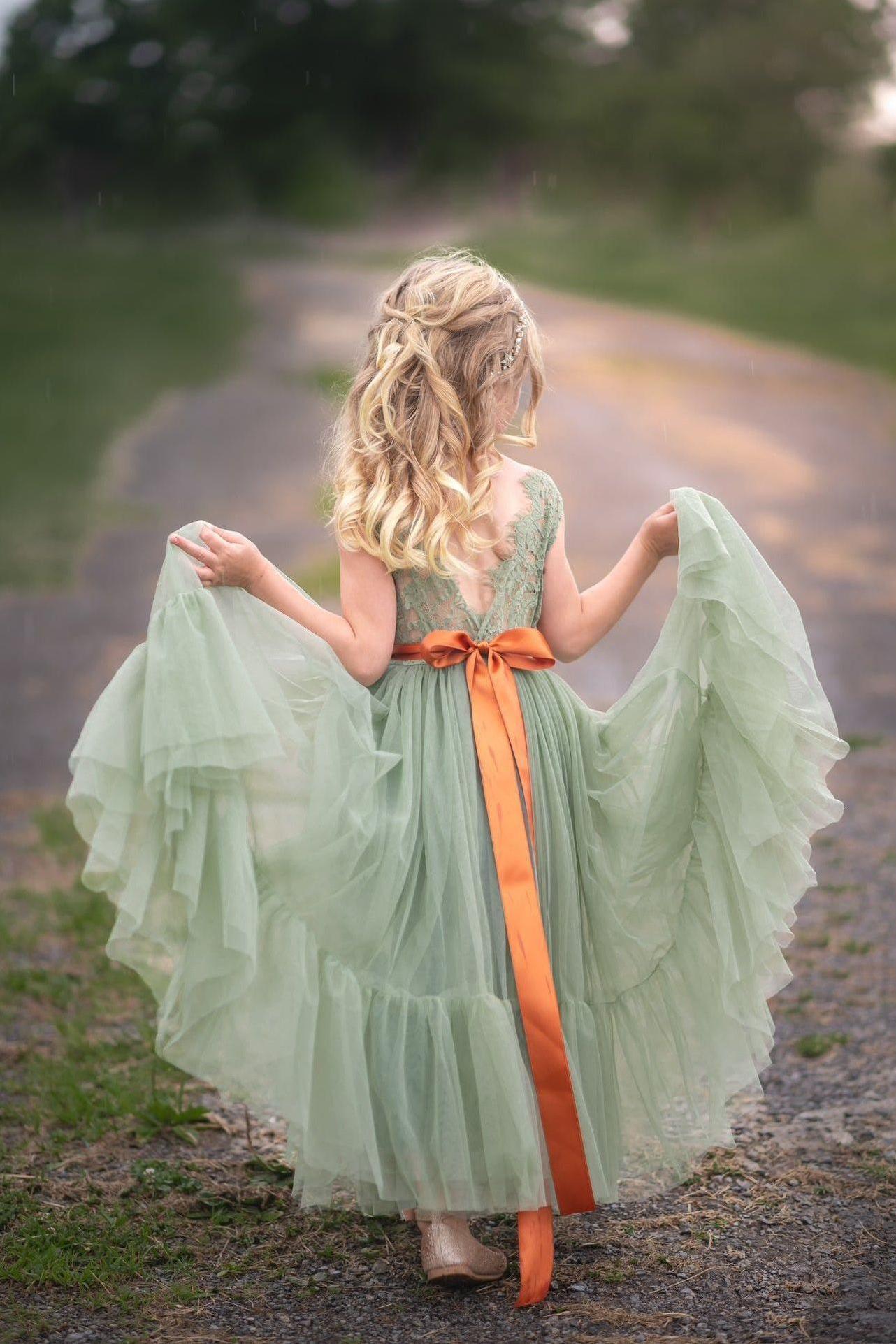 Sleeveless Sage Green Flower Girl Dress- Mermaid Bottom Layer - The Little Kitten Boutique