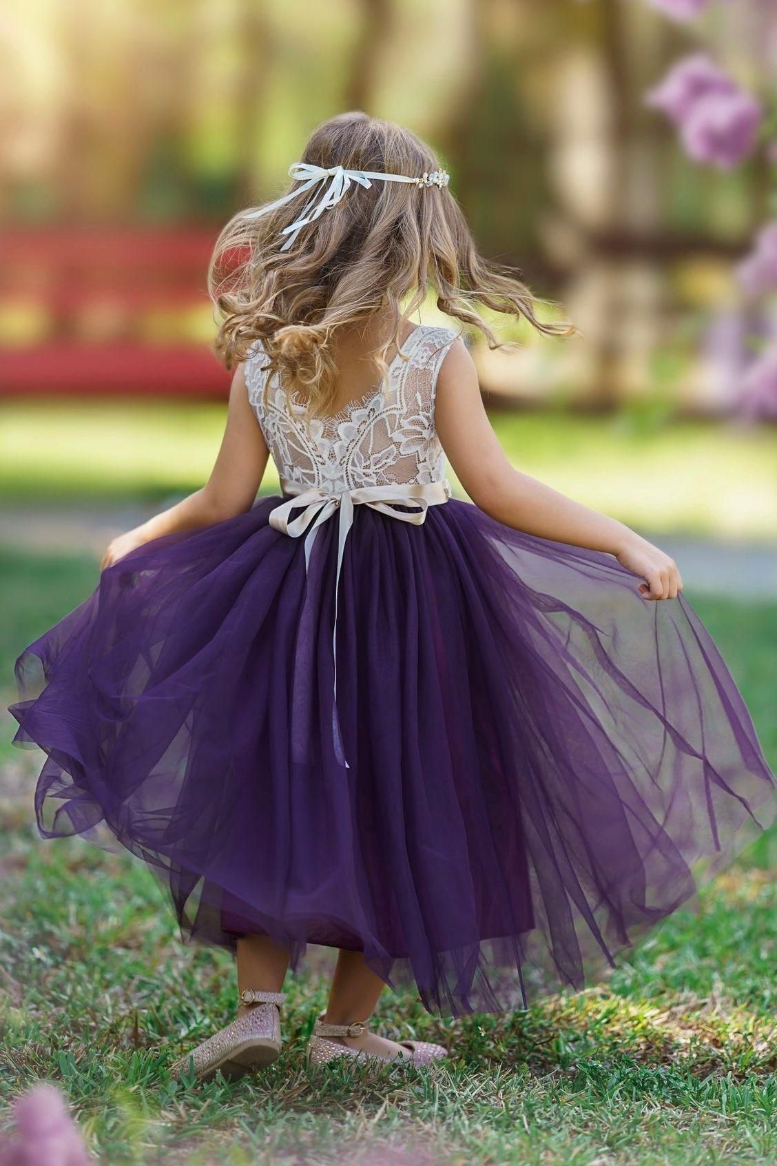 Sleeveless Eggplant Purple Lace and Tulle Flower Girl Dress - The Little Kitten Boutique