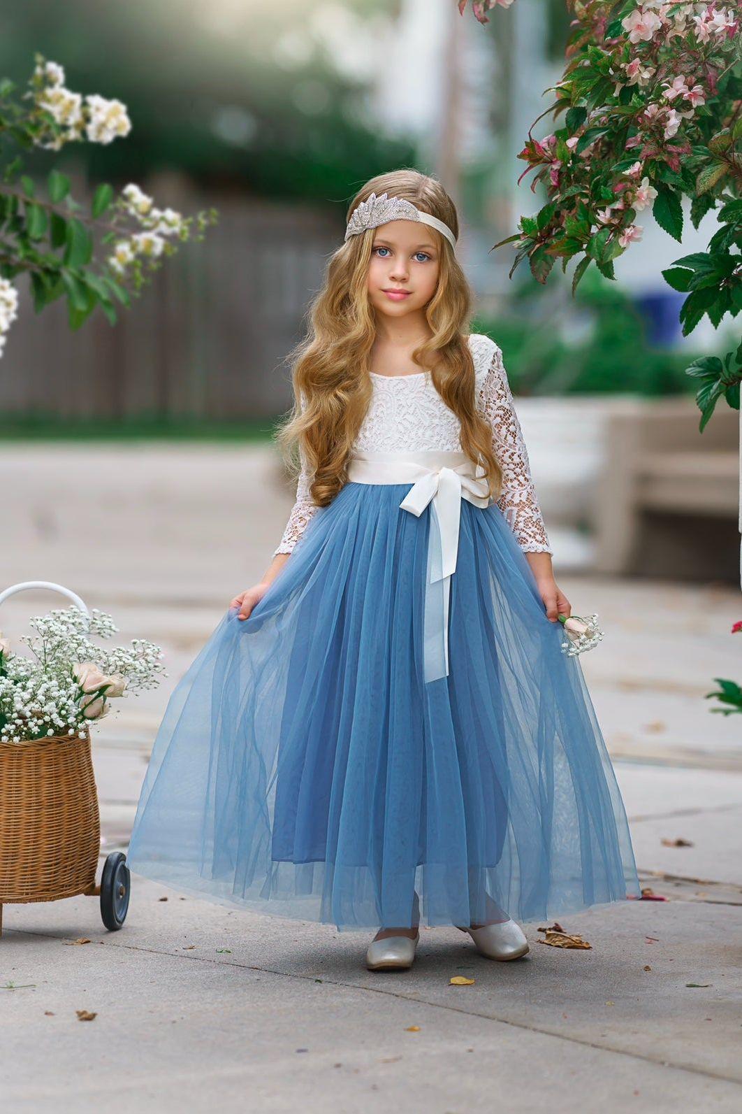 Dusty blue flower girl dress with lace bodice