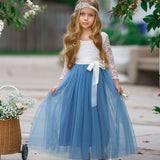 Dusty blue flower girl dress with lace bodice