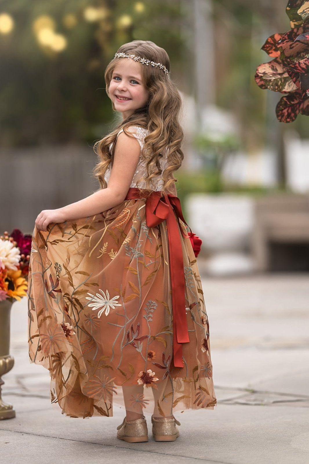 Sleeveless Floral Embroidered Burnt Orange Flower Girl Dress - The Little Kitten Boutique