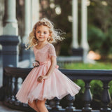 Short Sleeve Lace and Tulle Rose Flower Girl Dress - The Little Kitten Boutique