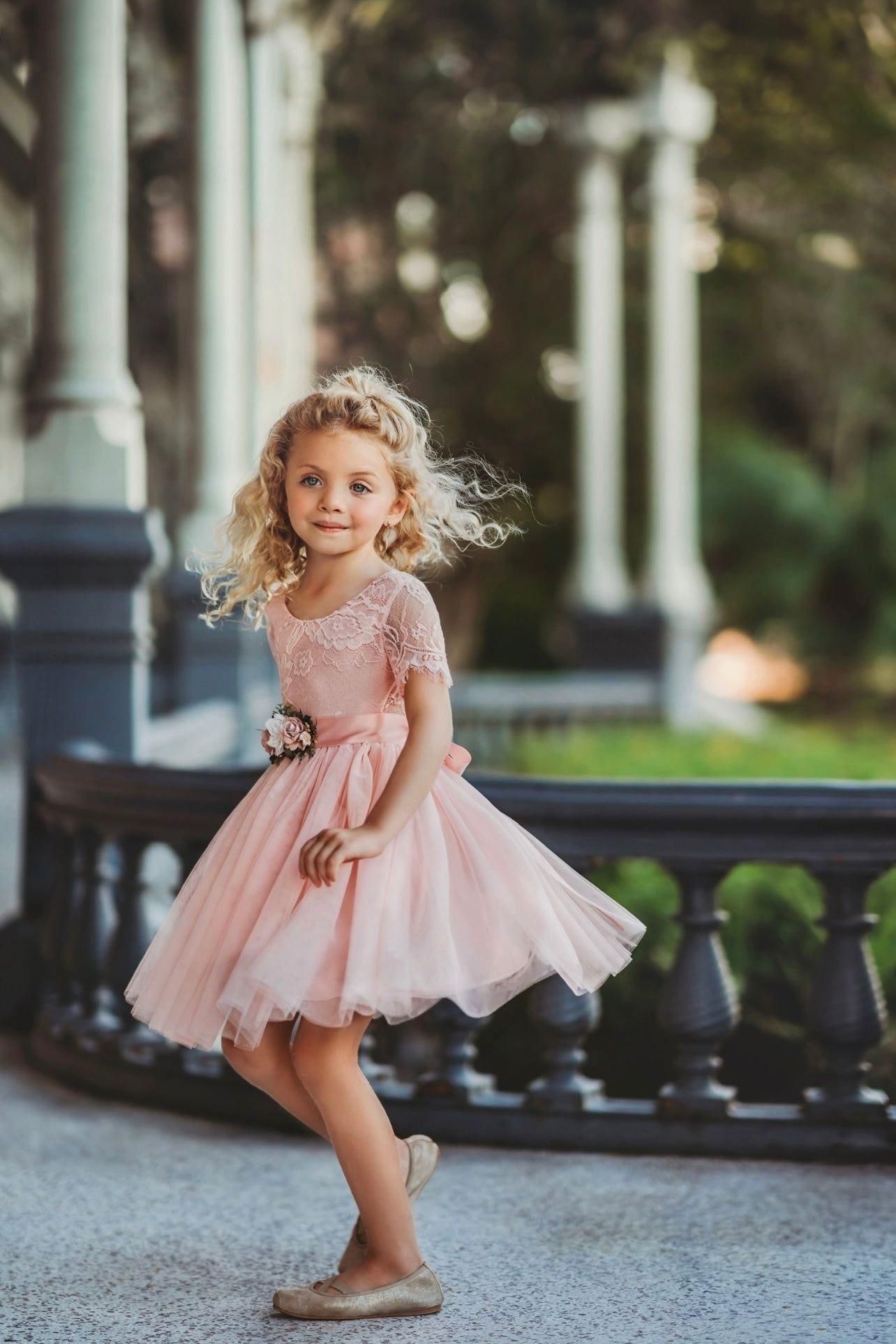 Short Sleeve Lace and Tulle Rose Flower Girl Dress - The Little Kitten Boutique