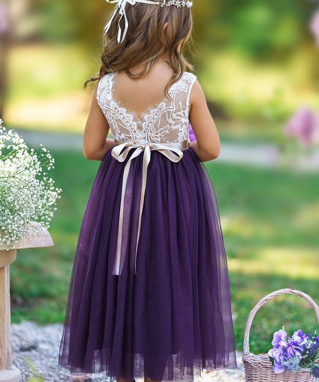 Sleeveless Eggplant Purple Lace and Tulle Flower Girl Dress - The Little Kitten Boutique