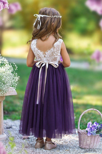 Sleeveless Eggplant Purple Lace and Tulle Flower Girl Dress - The Little Kitten Boutique