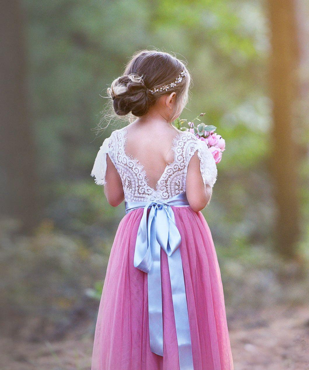 Lace Butterfly Cap Sleeve Special Occasion Lace and tulle flower girl dress - The Little Kitten Boutique
