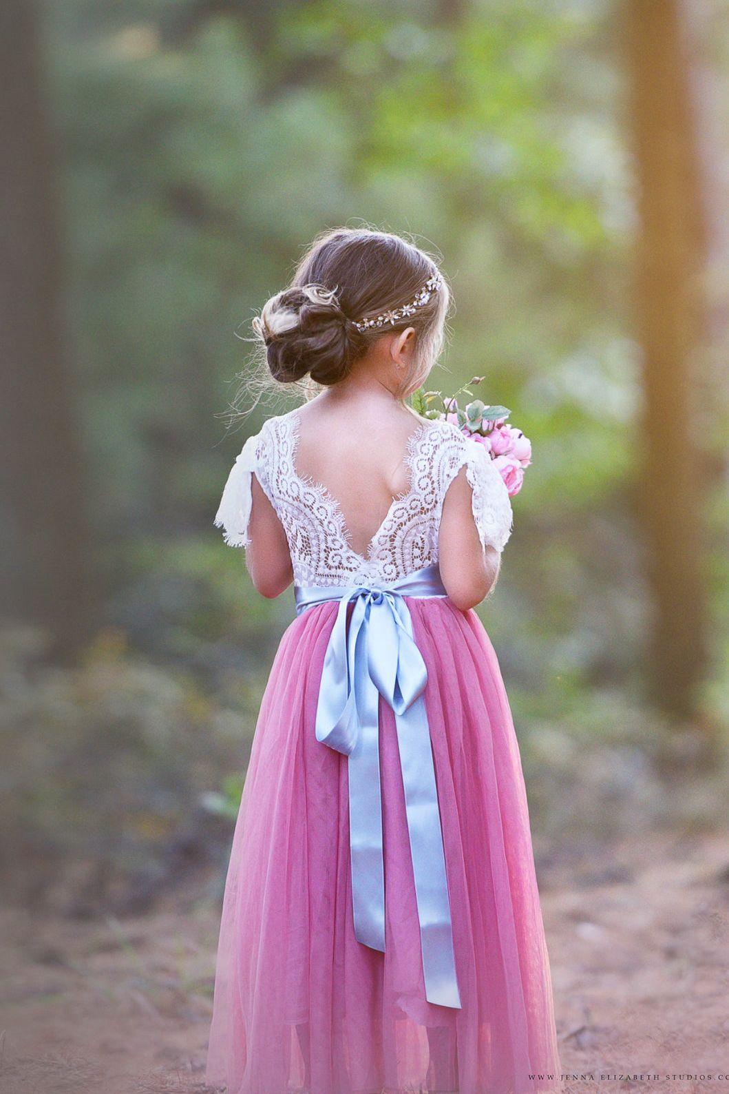 Lace Butterfly Cap Sleeve Special Occasion Lace and tulle flower girl dress - The Little Kitten Boutique
