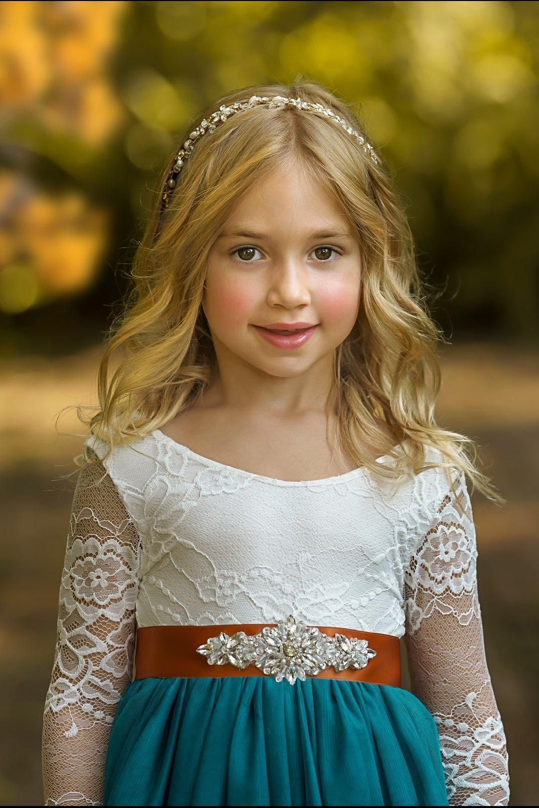 Long Sleeve White Lace and Teal Tulle Flower Girl Dress. - The Little Kitten Boutique