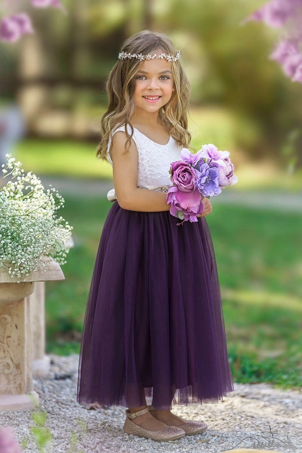 Sleeveless Eggplant Purple Lace and Tulle Flower Girl Dress - The Little Kitten Boutique