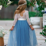 White lace and  dusty blue tulle  gown for girls