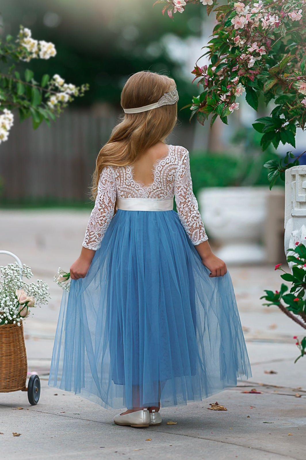 White lace and  dusty blue tulle  gown for girls