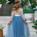White lace and  dusty blue tulle  gown for girls