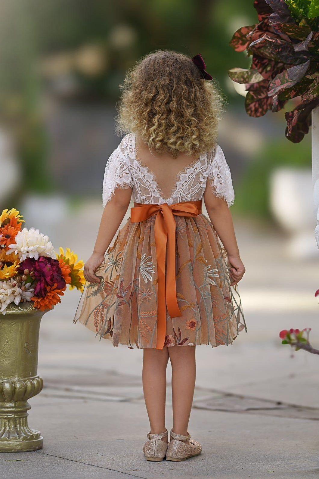 Knee Length Burnt Orange Floral Embroidered Flower Girl Dresses - The Little Kitten Boutique